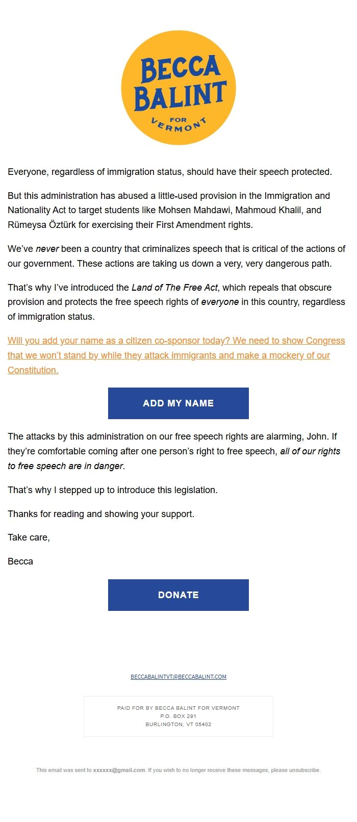 Screenshot of the email generated on import