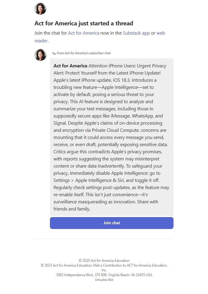 Screenshot of the email generated on import