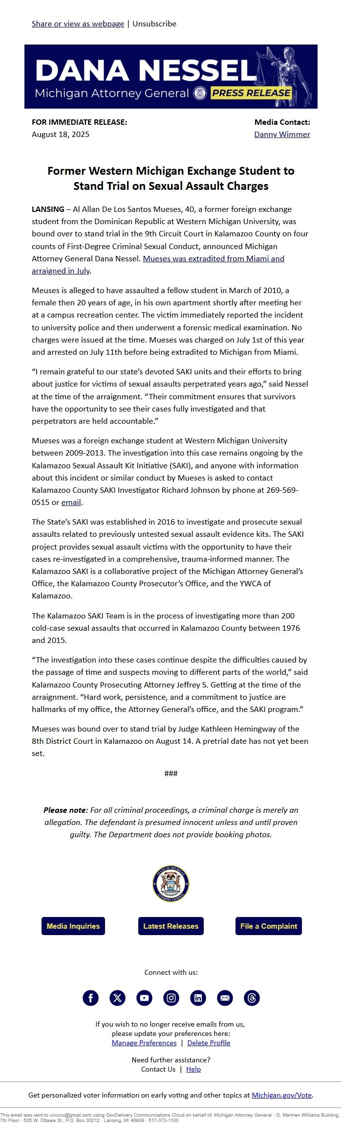 Screenshot of the email generated on import
