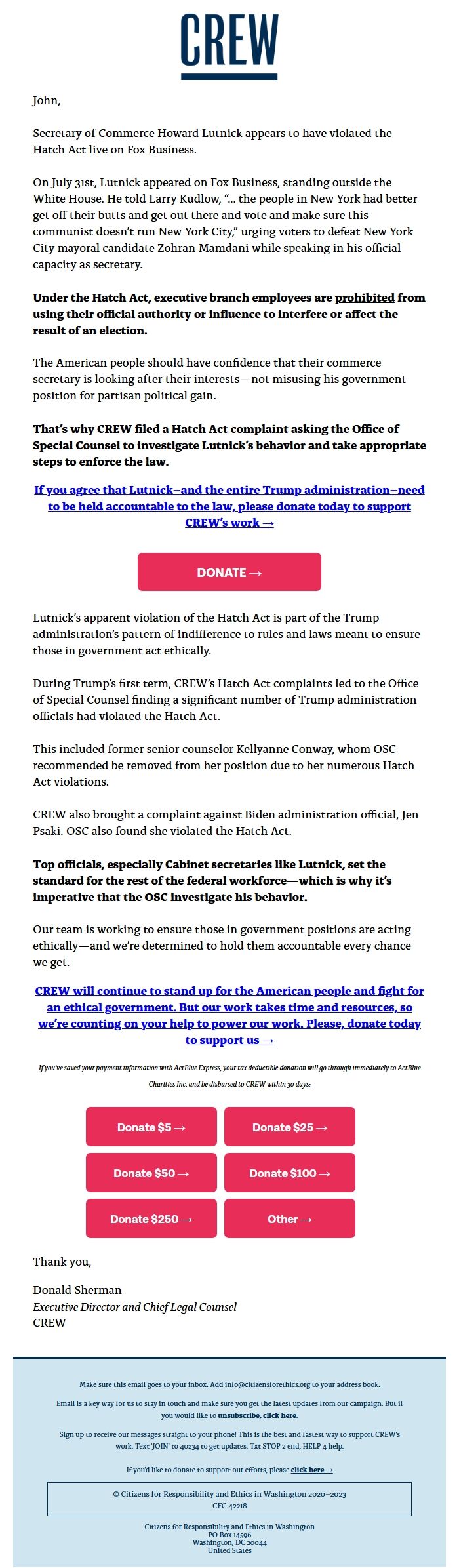 Screenshot of the email generated on import