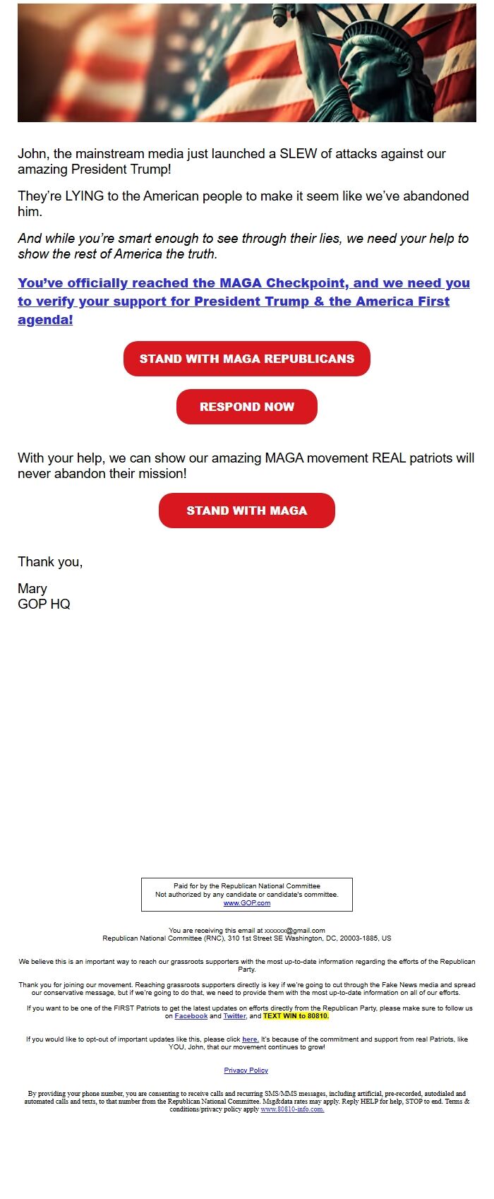 Screenshot of the email generated on import