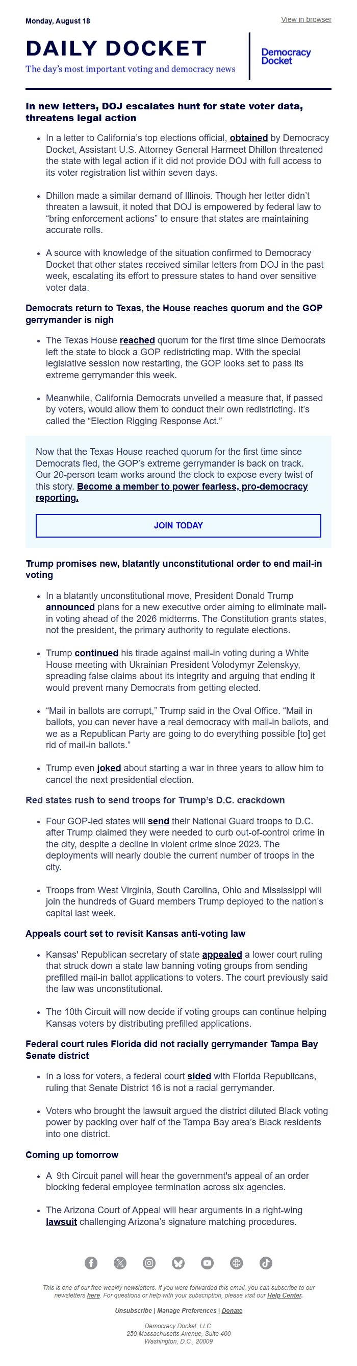 Screenshot of the email generated on import