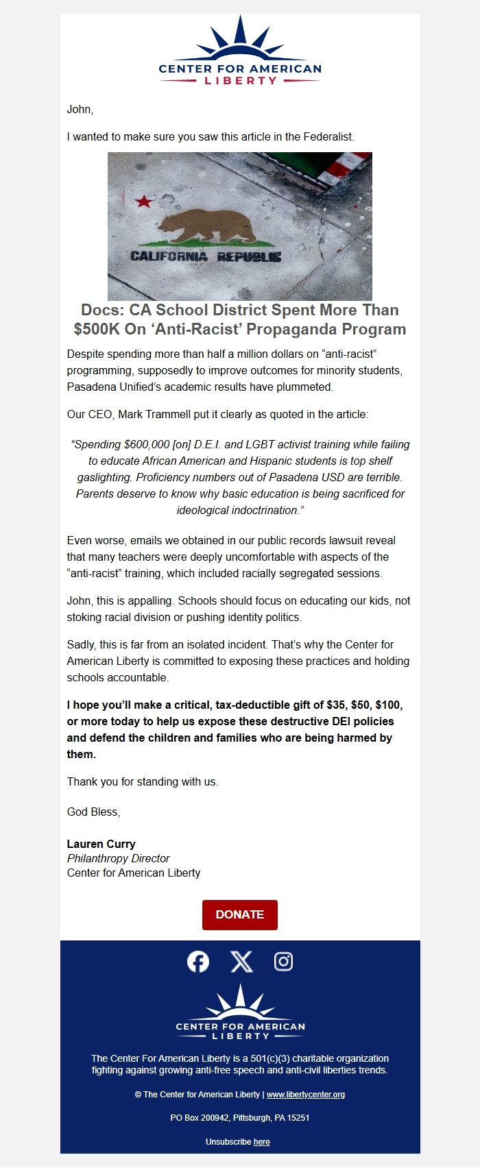 Screenshot of the email generated on import