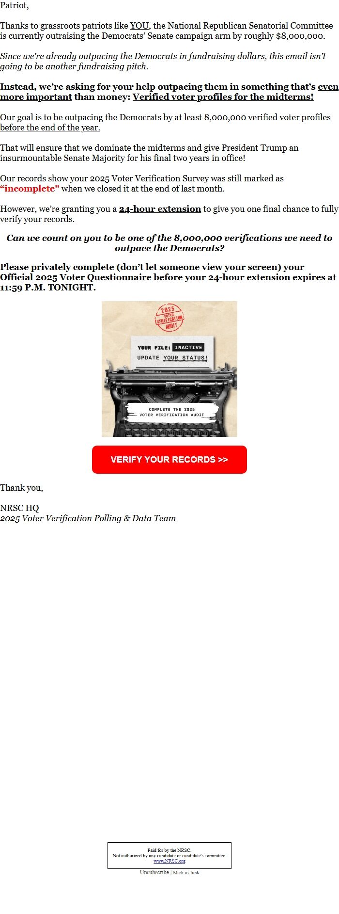 Screenshot of the email generated on import