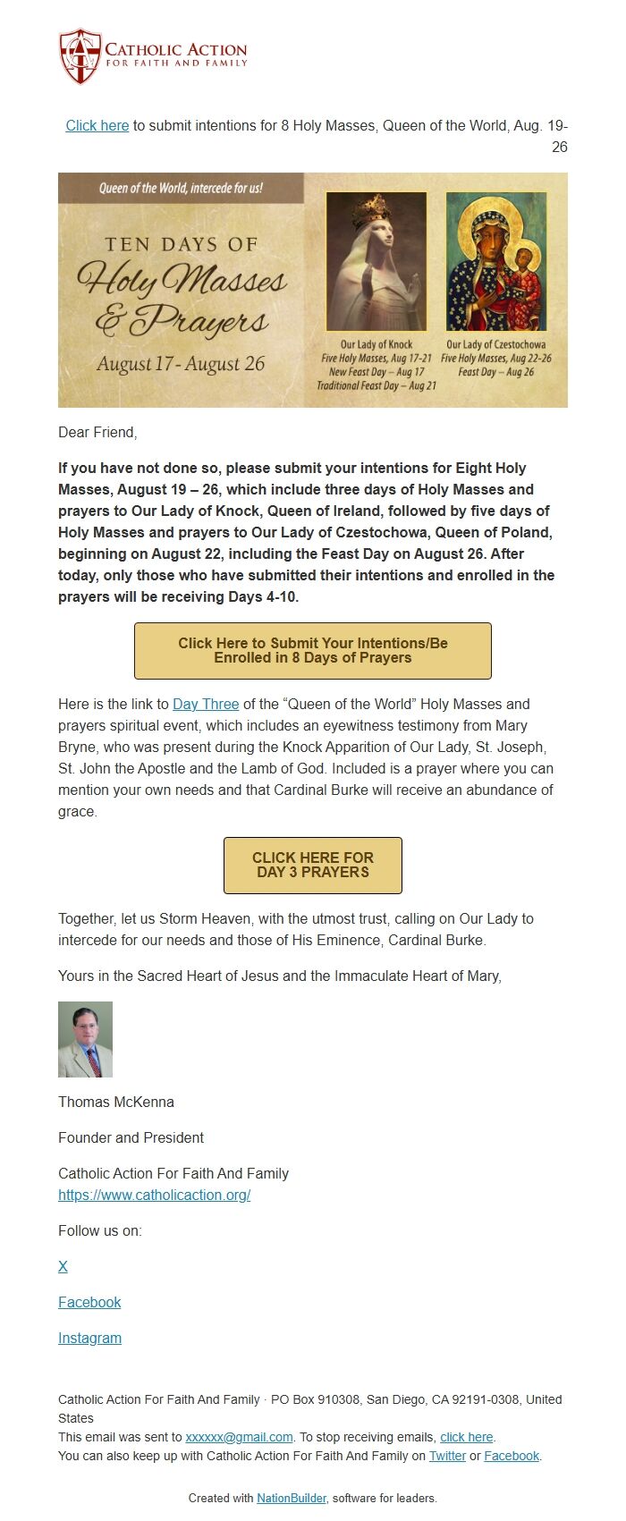 Screenshot of the email generated on import