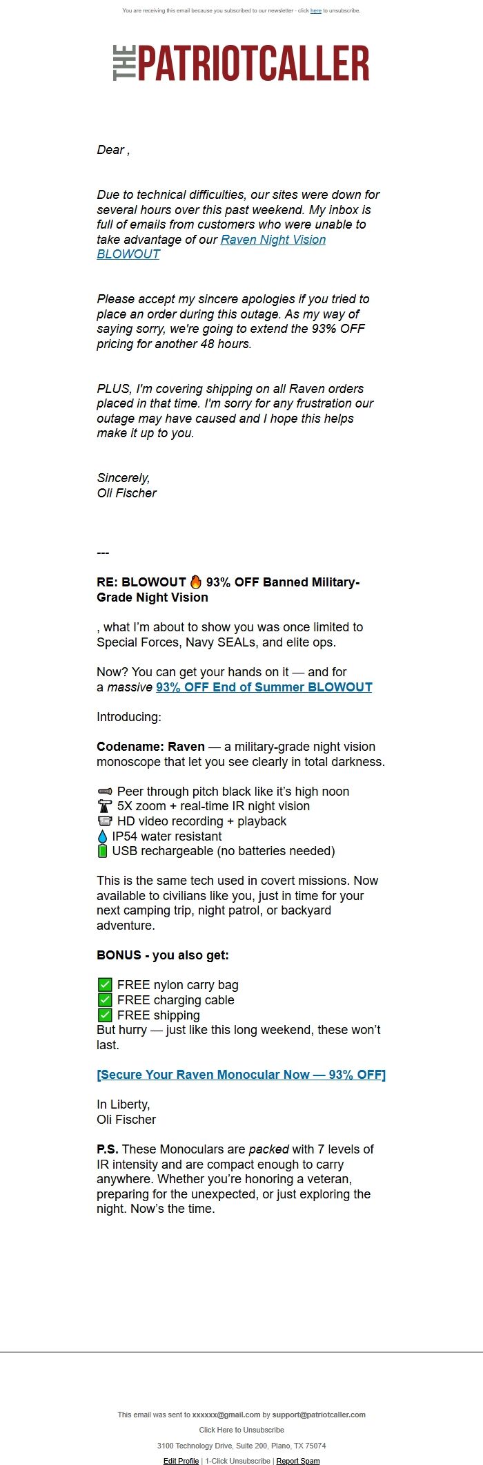 Screenshot of the email generated on import