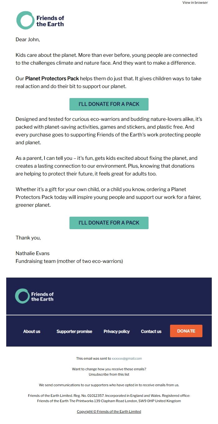 Screenshot of the email generated on import