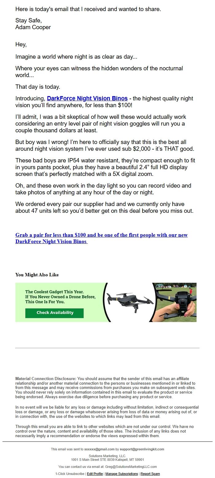 Screenshot of the email generated on import