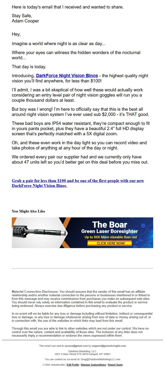 Screenshot of the email generated on import
