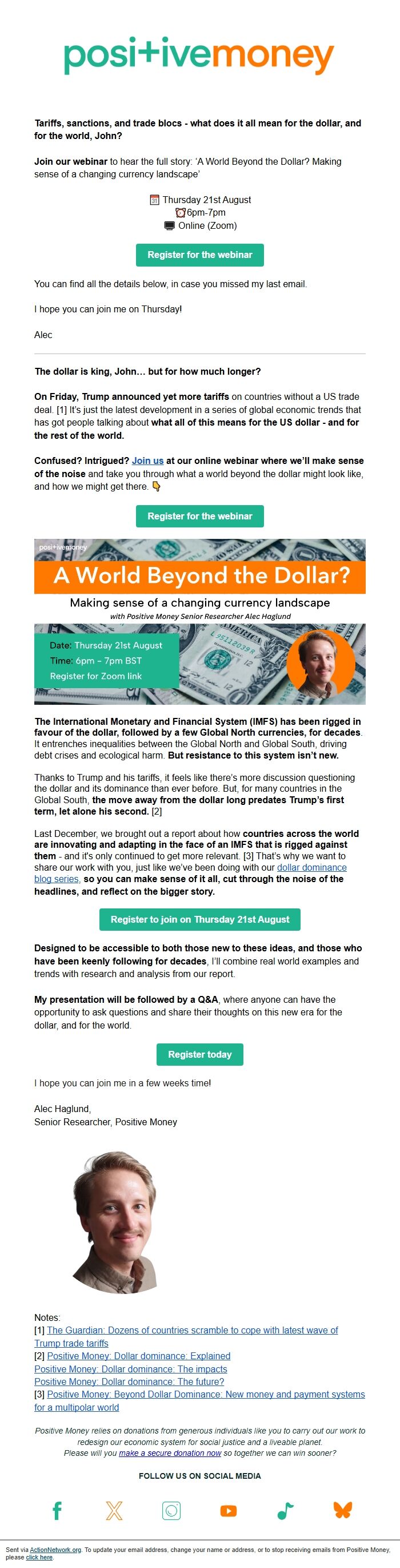 Screenshot of the email generated on import