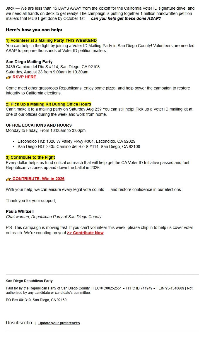 Screenshot of the email generated on import