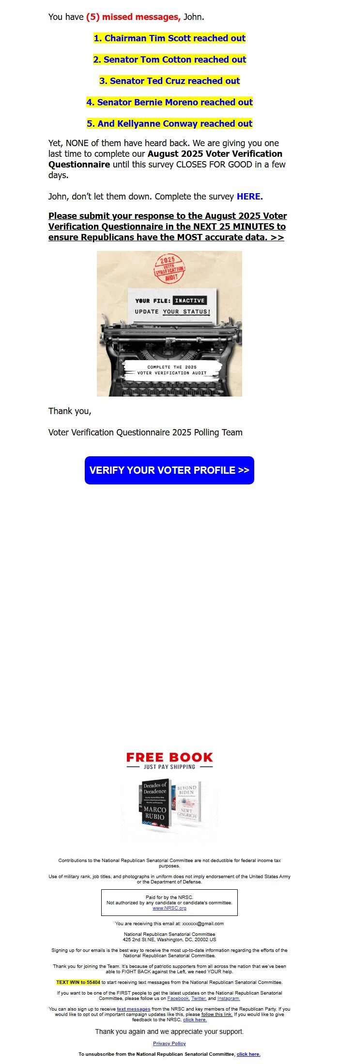 Screenshot of the email generated on import