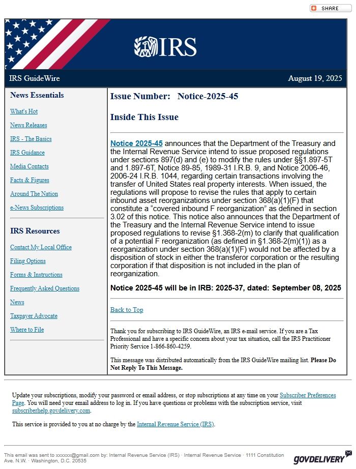 Screenshot of the email generated on import