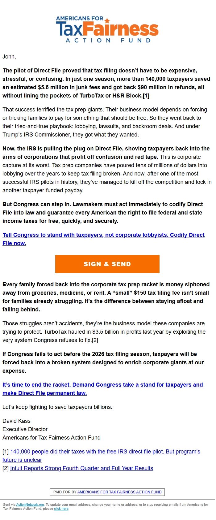 Screenshot of the email generated on import