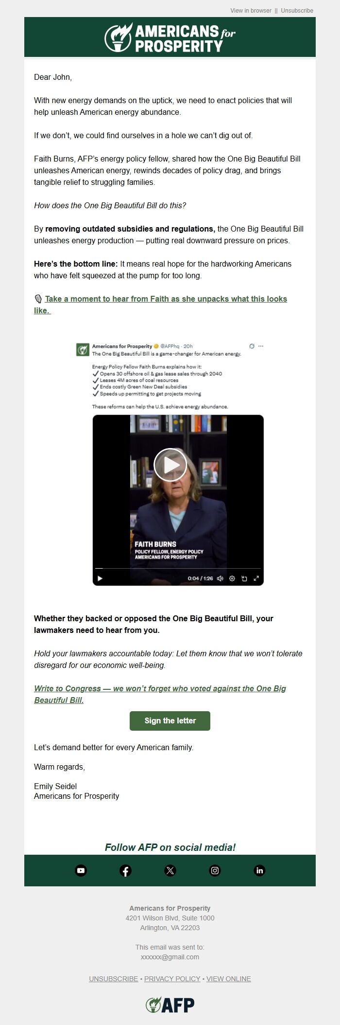 Screenshot of the email generated on import