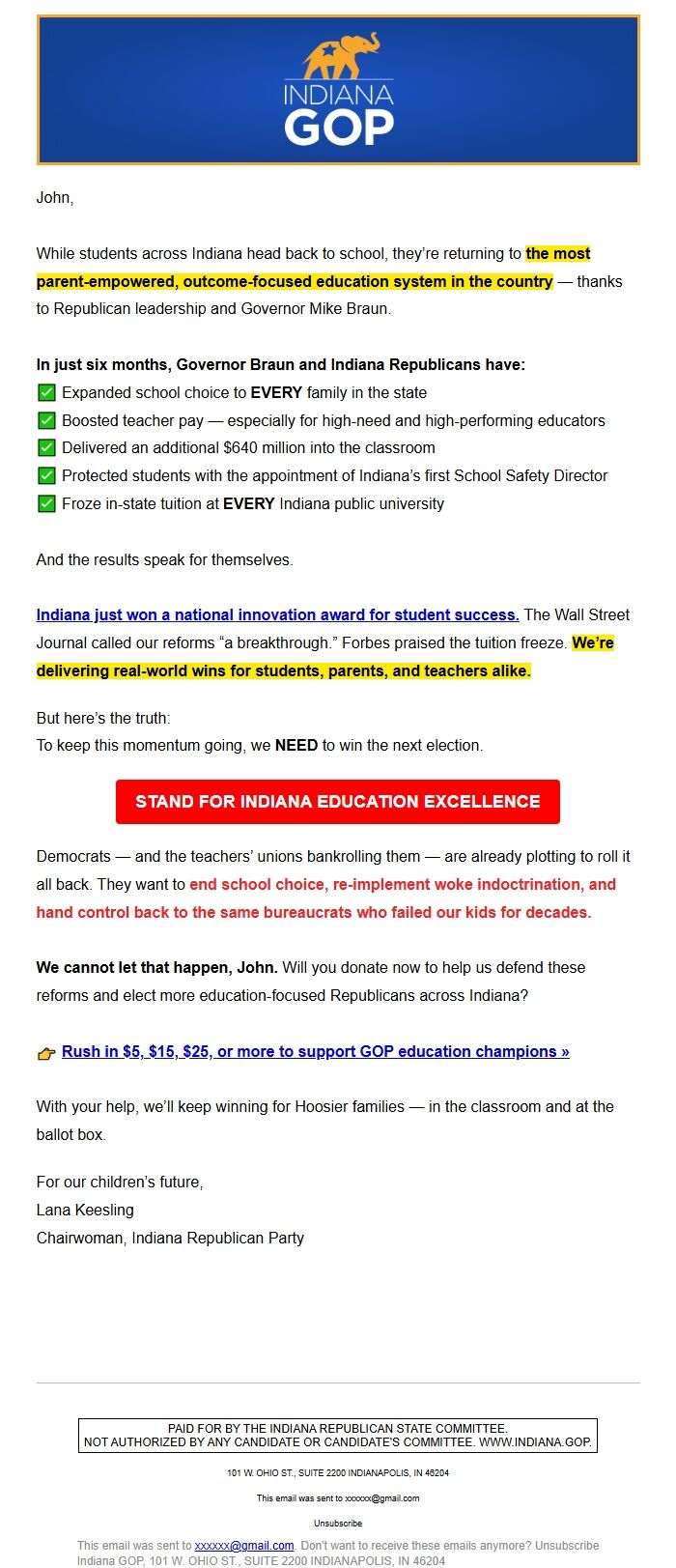 Screenshot of the email generated on import