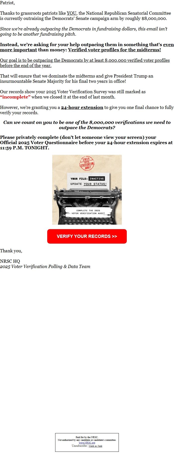Screenshot of the email generated on import