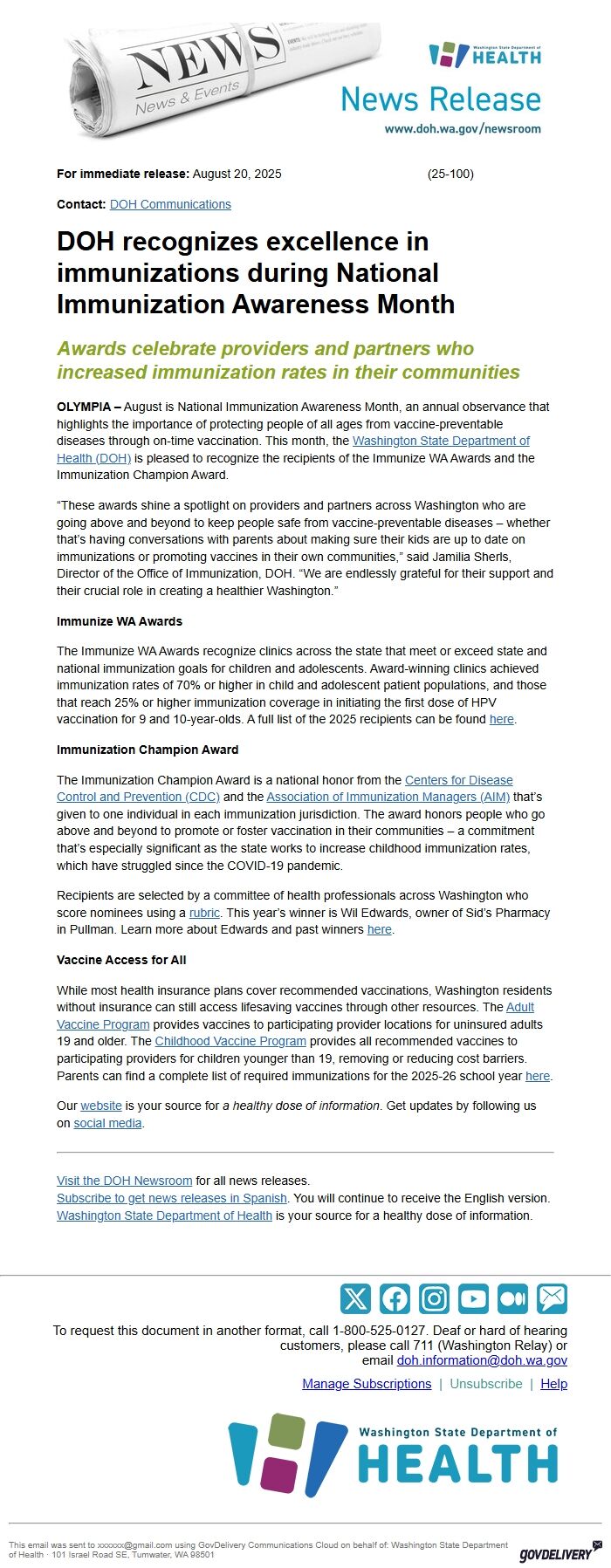 Screenshot of the email generated on import
