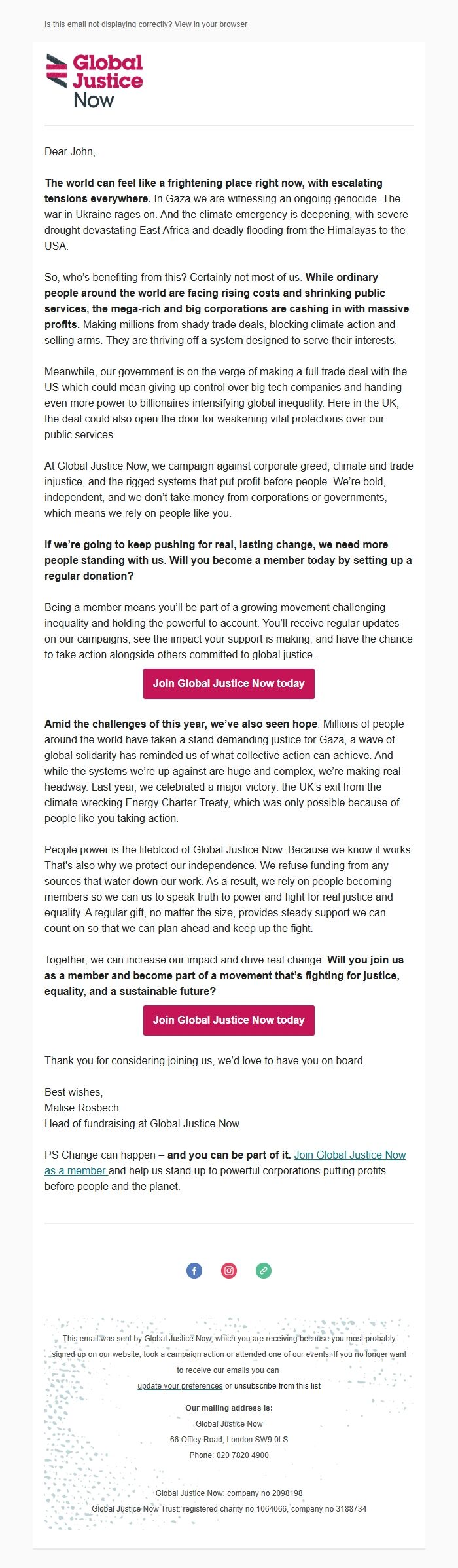 Screenshot of the email generated on import
