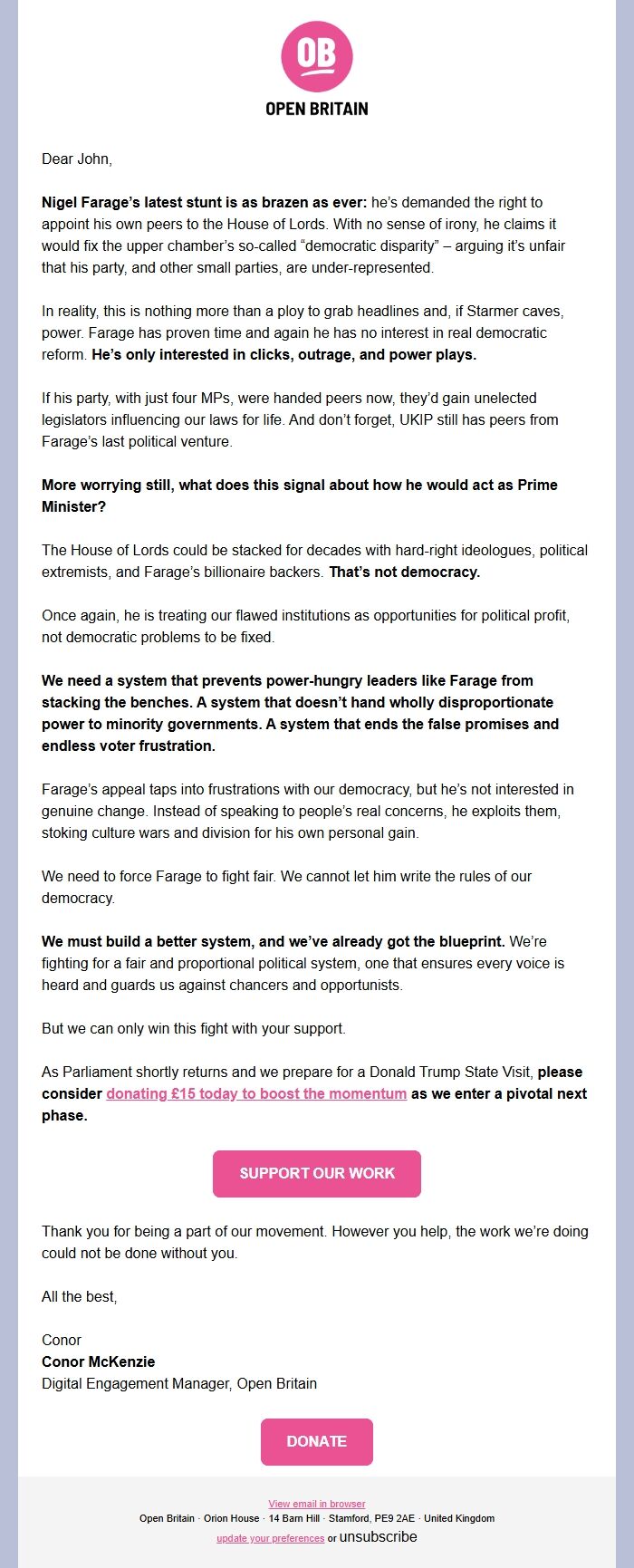 Screenshot of the email generated on import