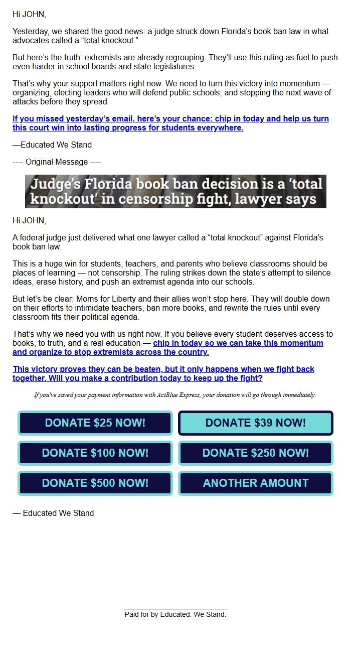 Screenshot of the email generated on import