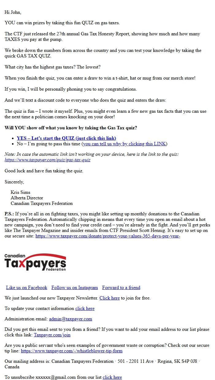 Screenshot of the email generated on import