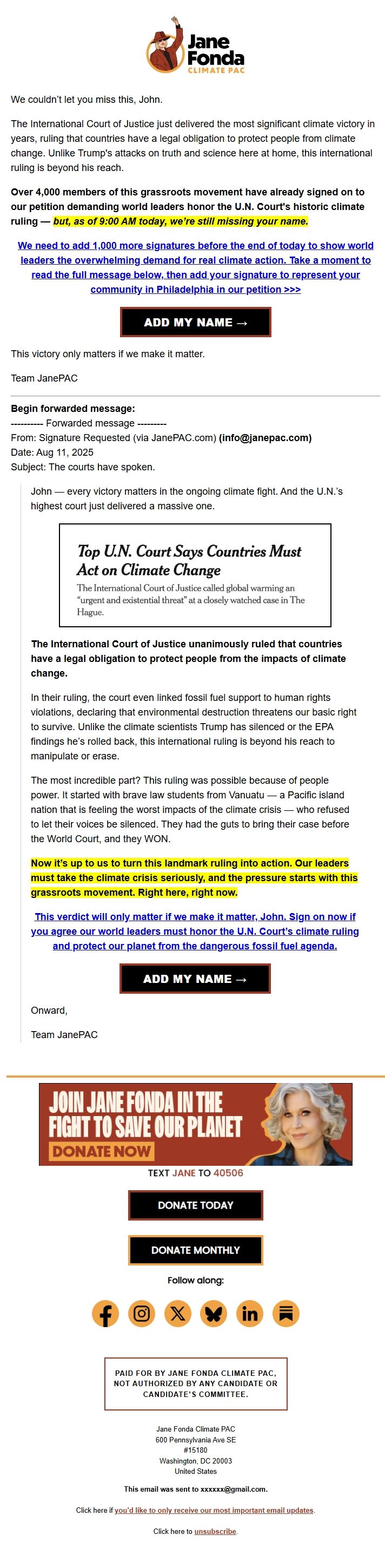 Screenshot of the email generated on import