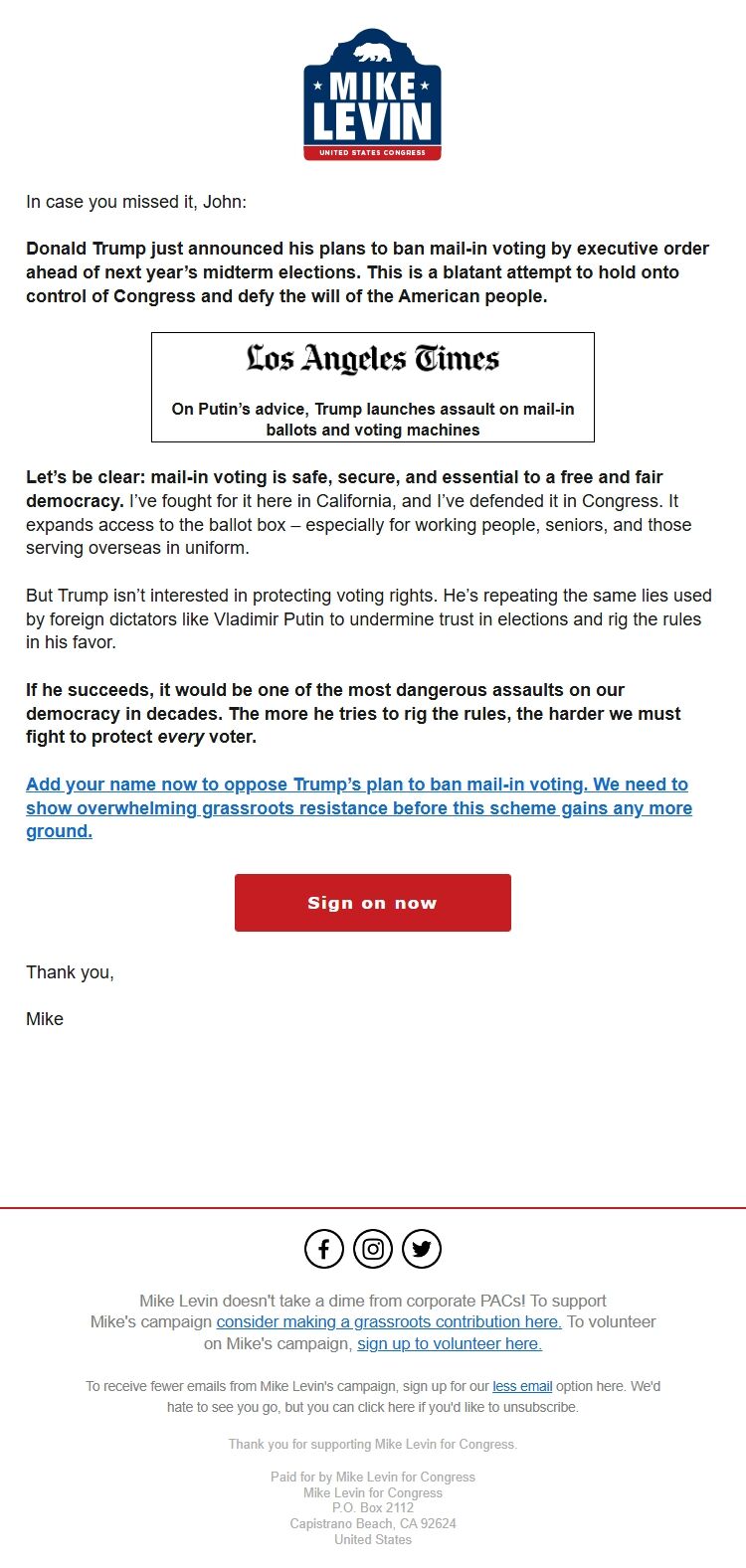 Screenshot of the email generated on import