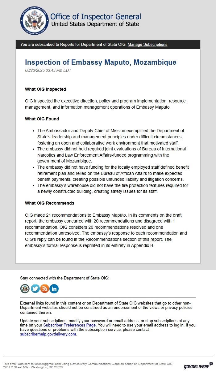 Screenshot of the email generated on import