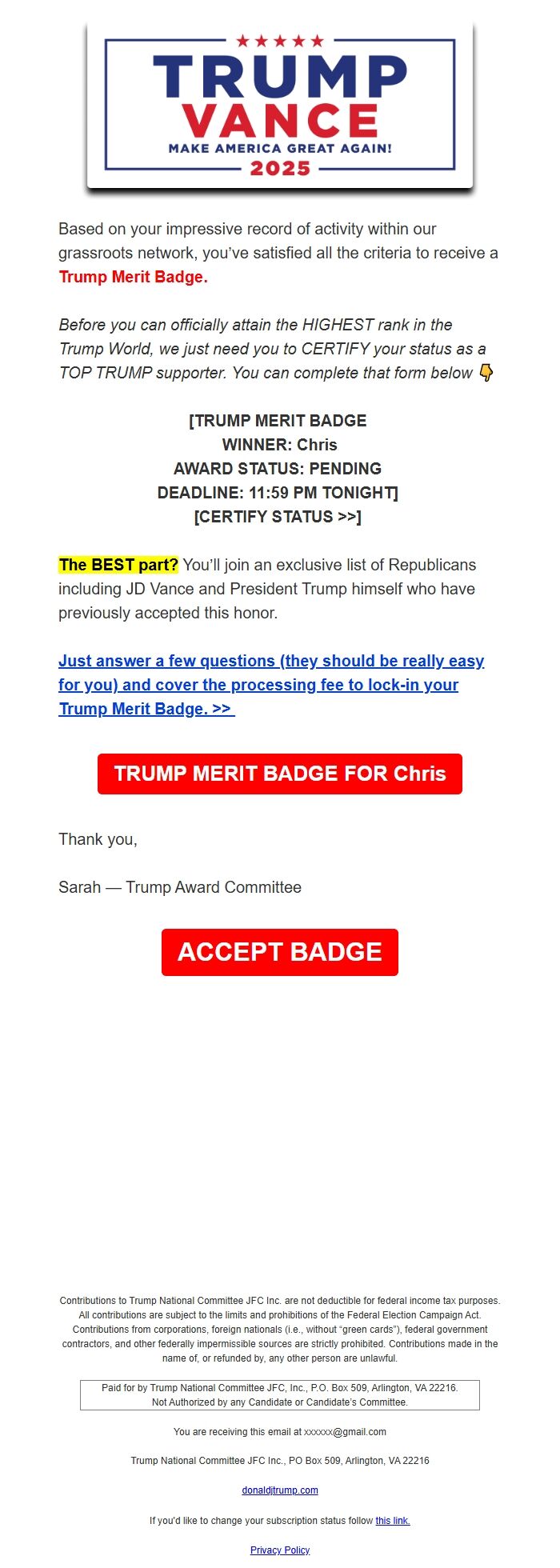 Screenshot of the email generated on import