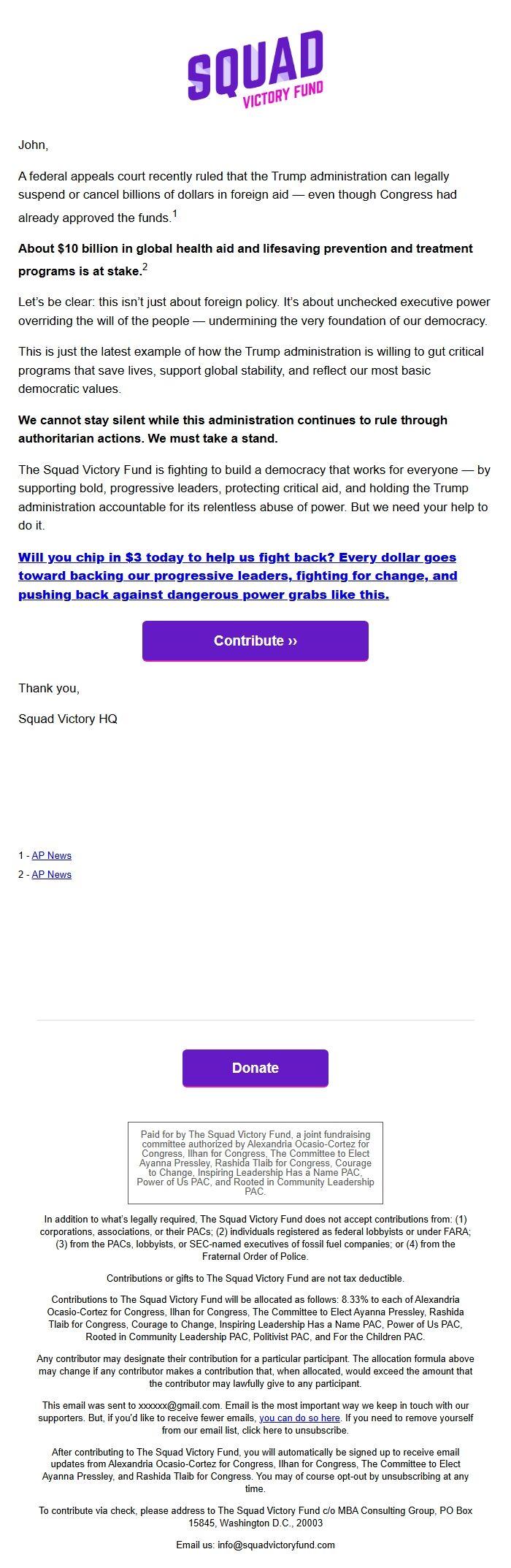 Screenshot of the email generated on import