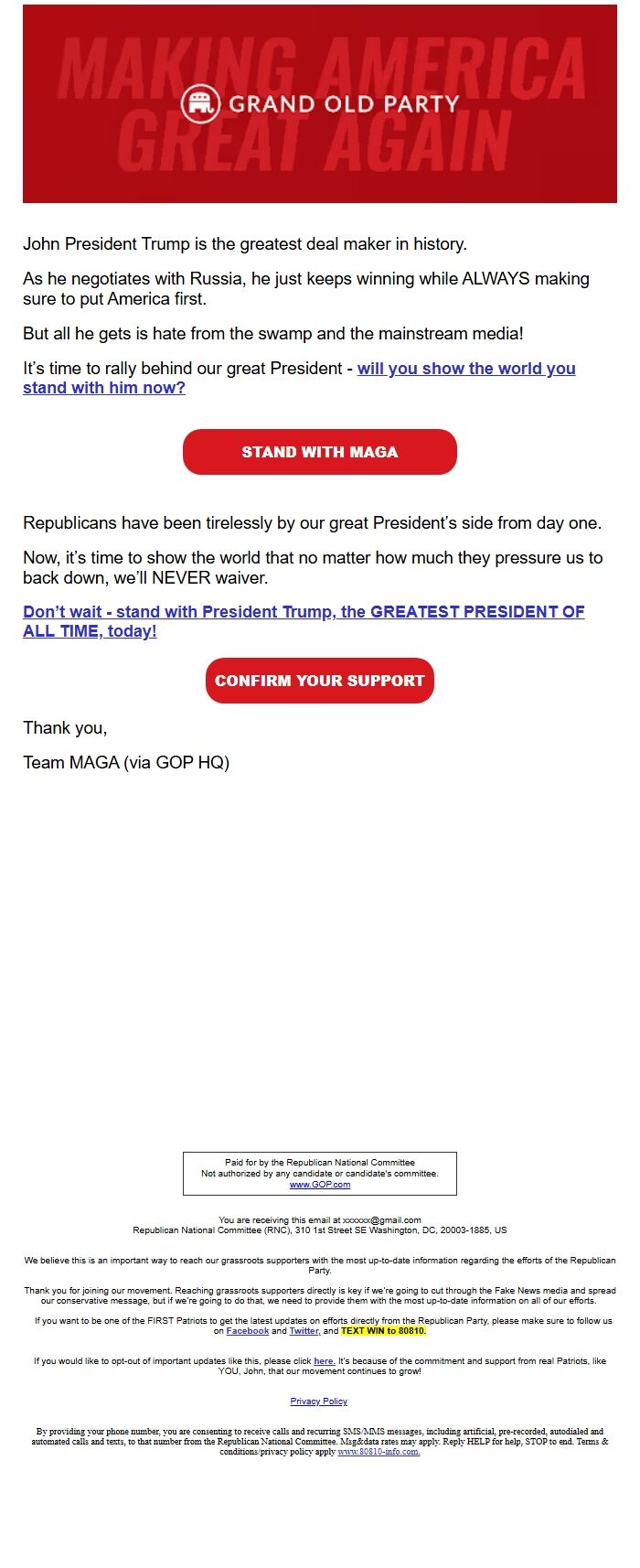 Screenshot of the email generated on import