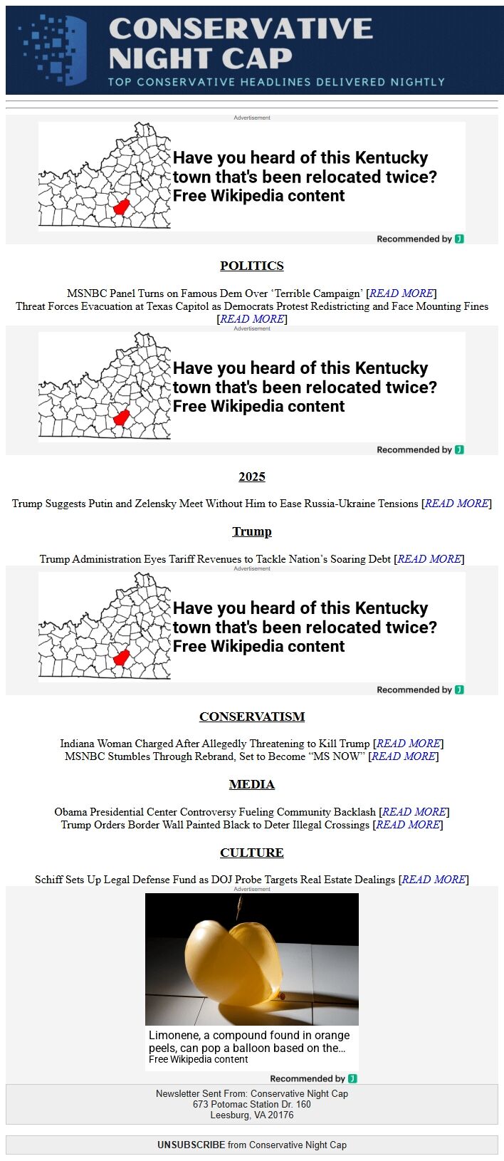 Screenshot of the email generated on import