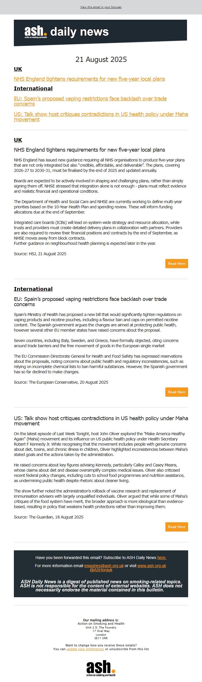 Screenshot of the email generated on import
