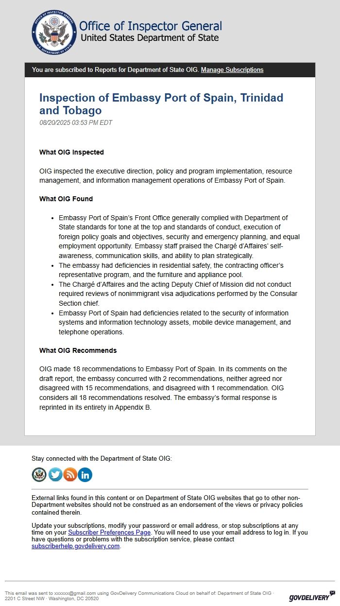 Screenshot of the email generated on import
