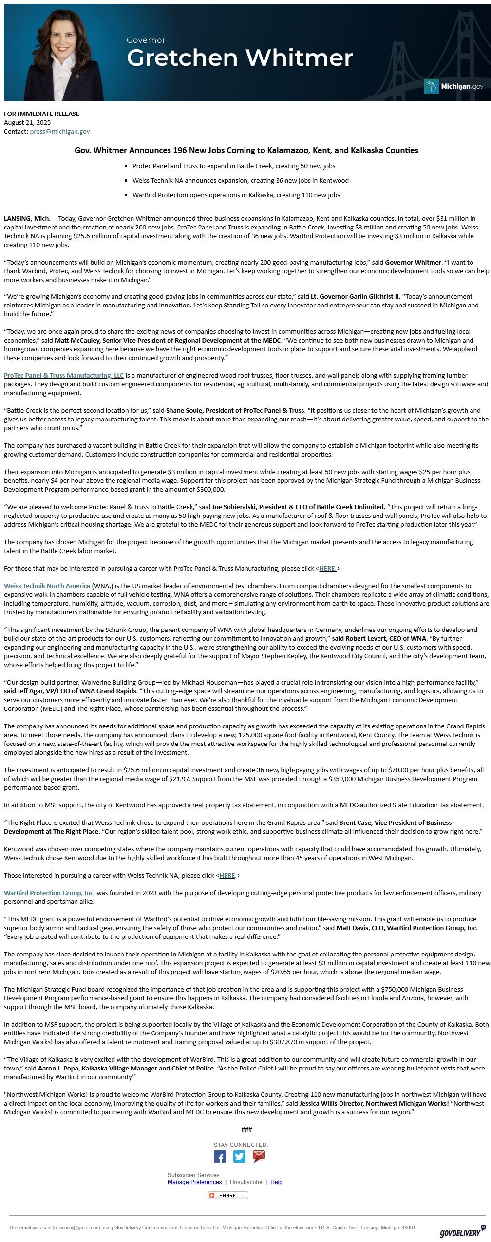 Screenshot of the email generated on import