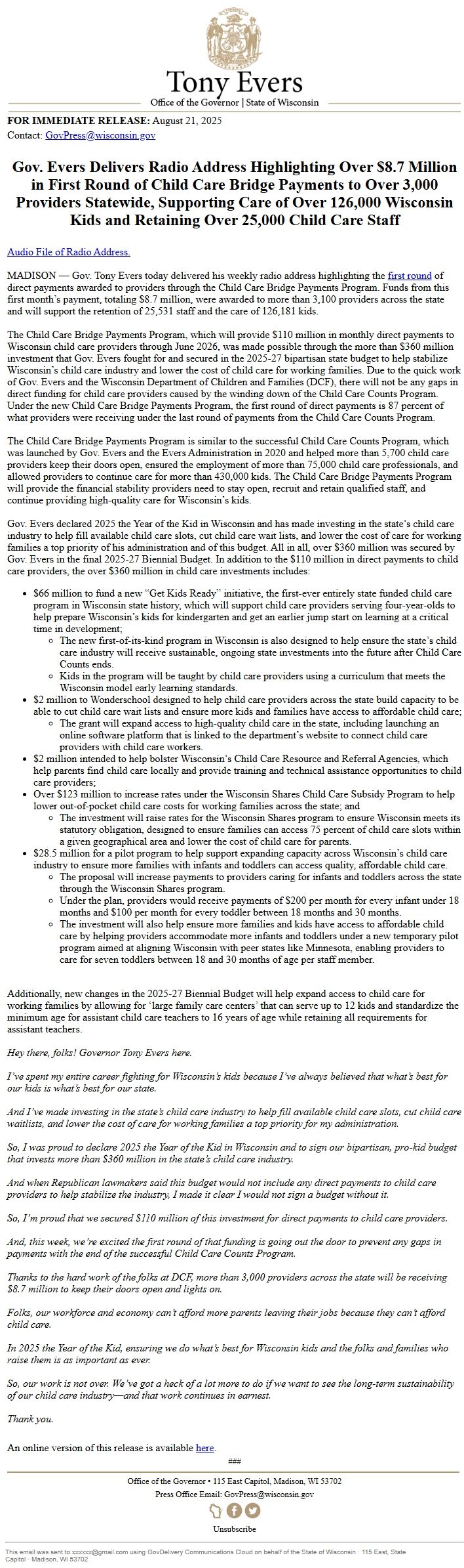 Screenshot of the email generated on import