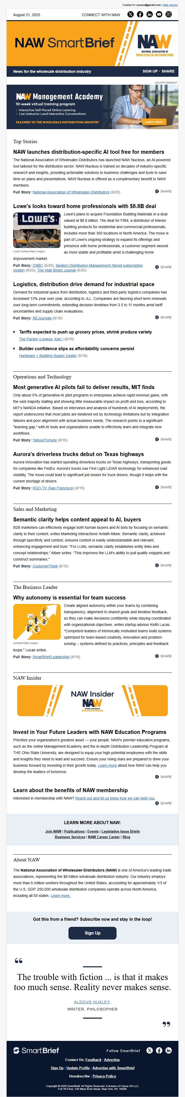 Screenshot of the email generated on import