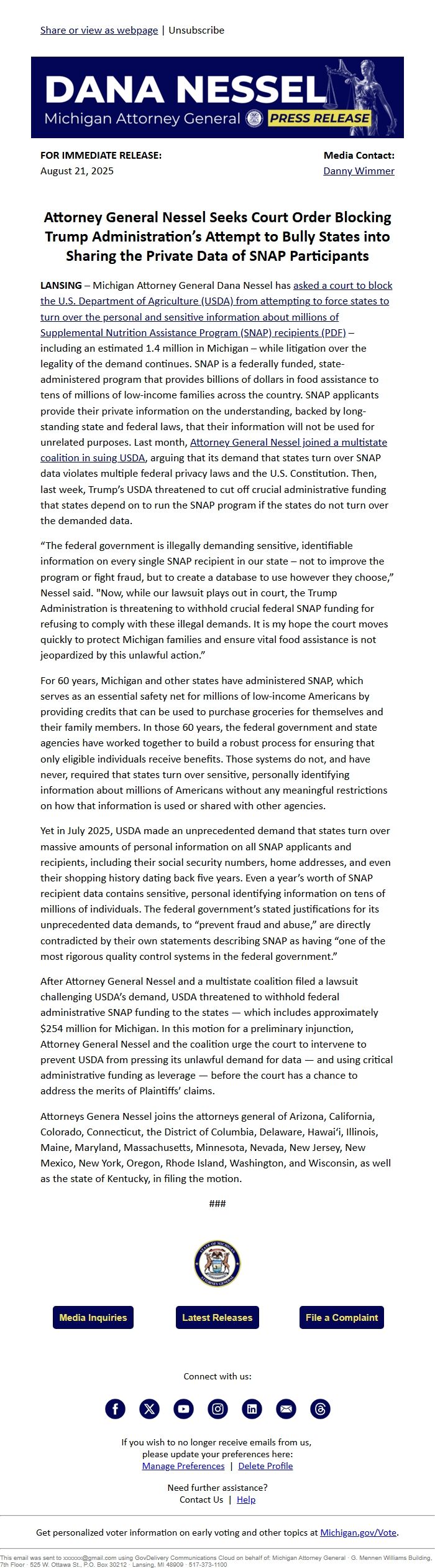 Screenshot of the email generated on import