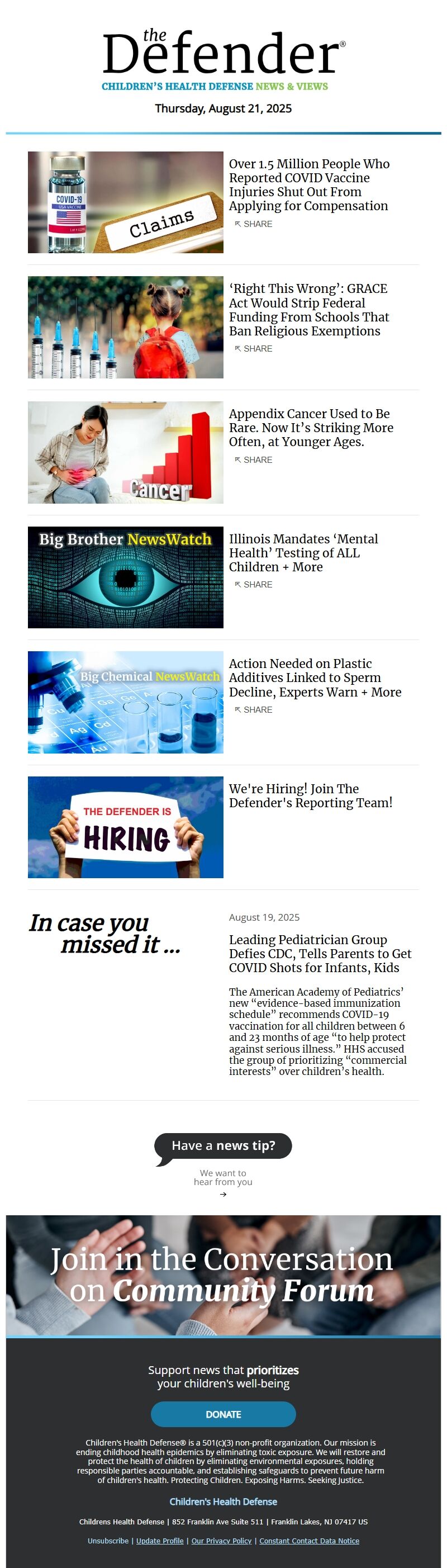 Screenshot of the email generated on import