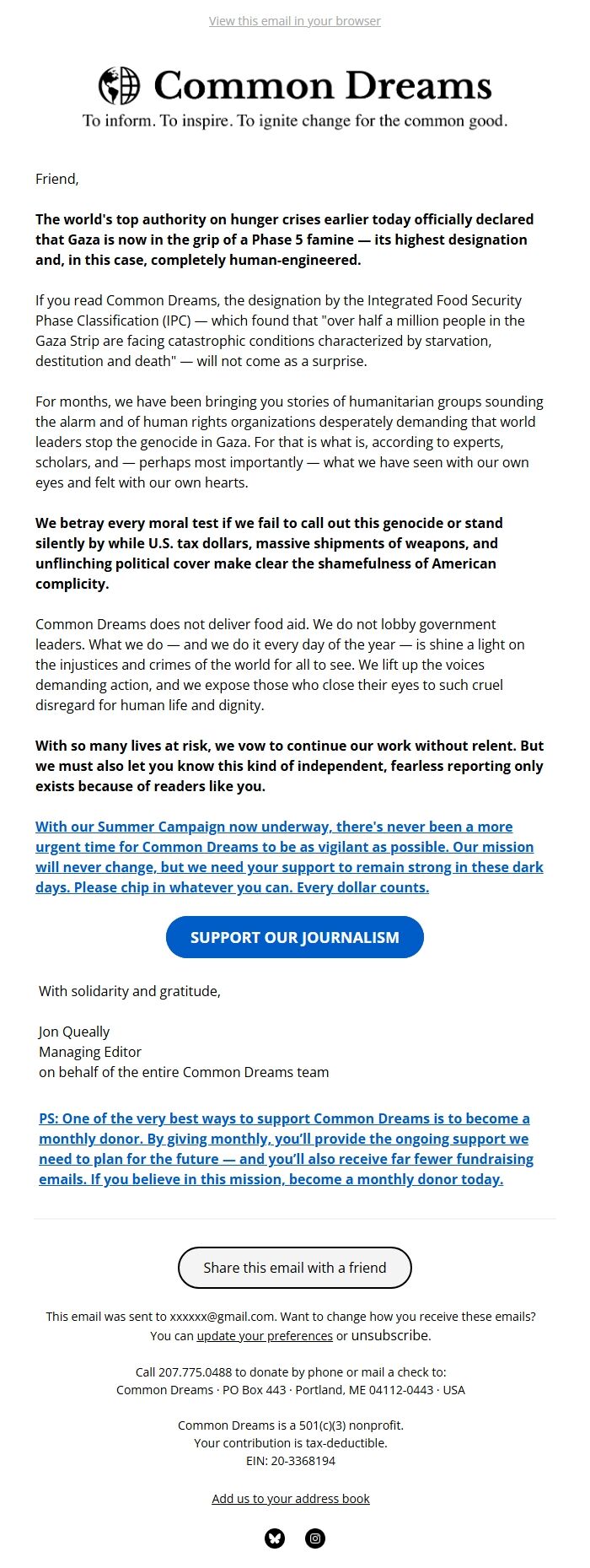 Screenshot of the email generated on import