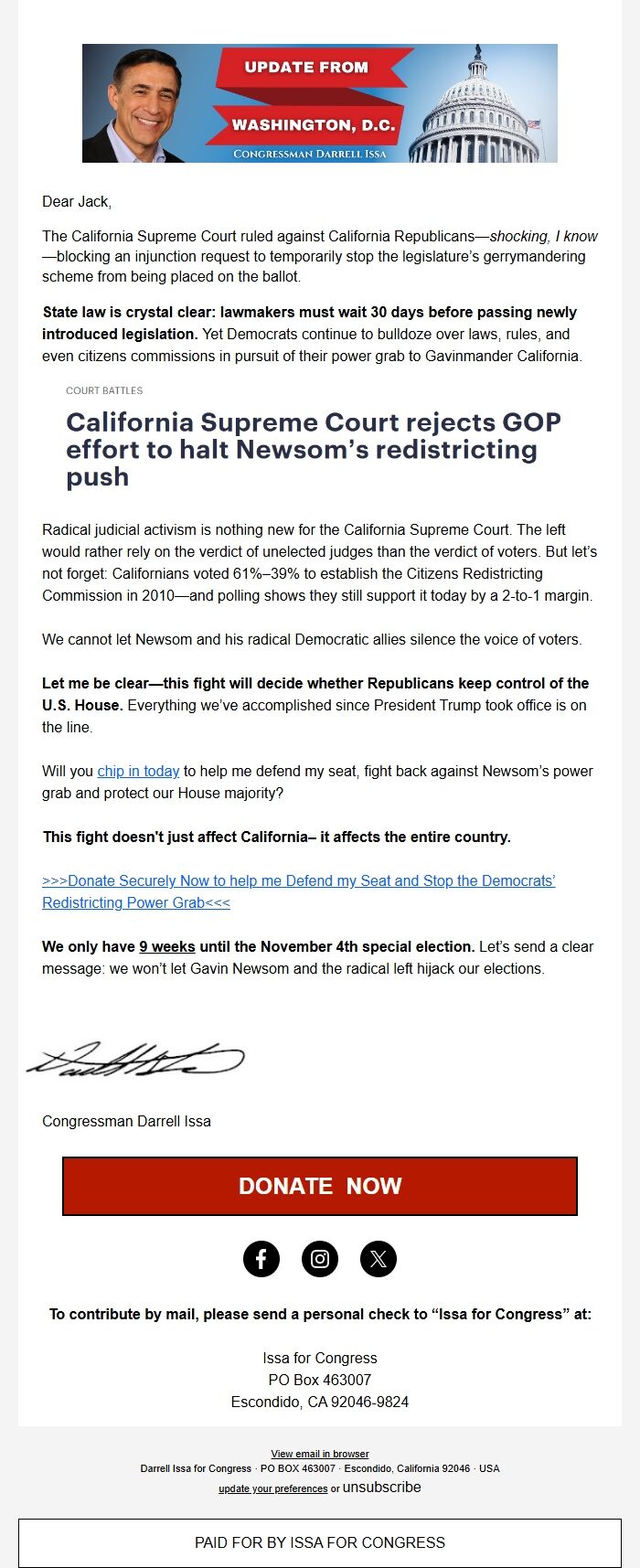Screenshot of the email generated on import