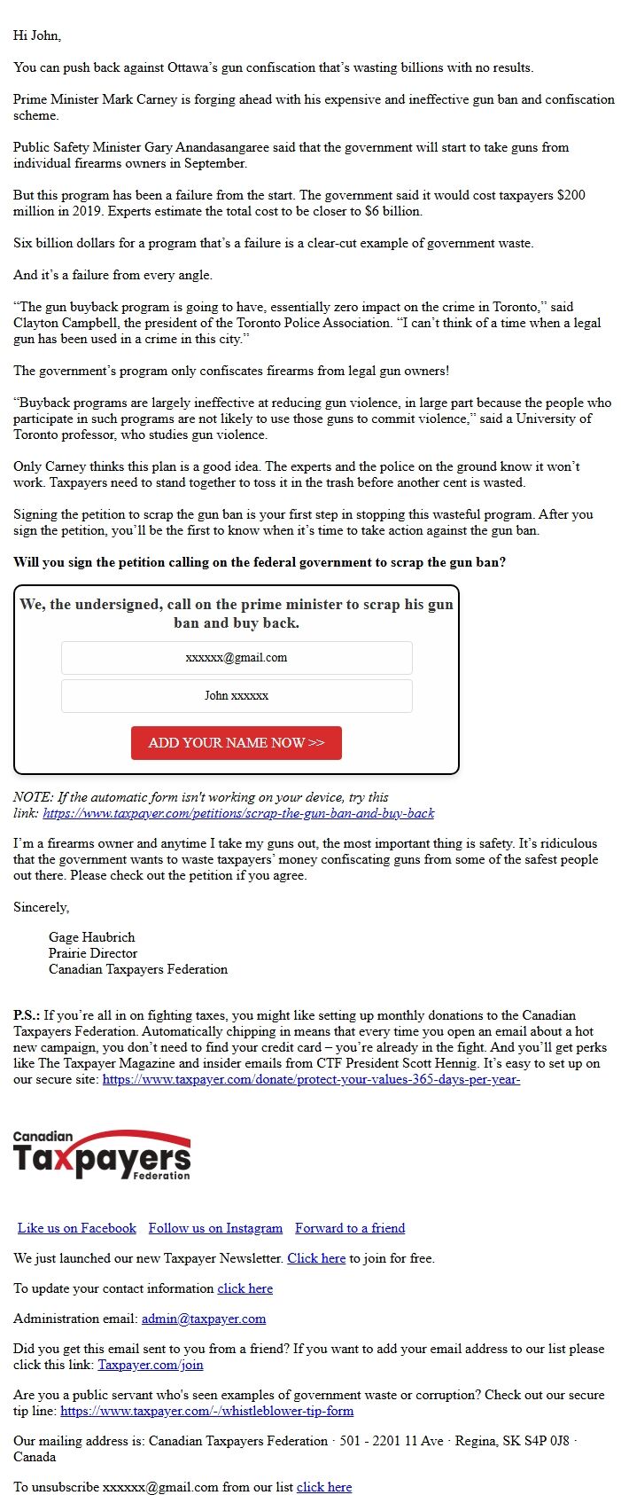 Screenshot of the email generated on import