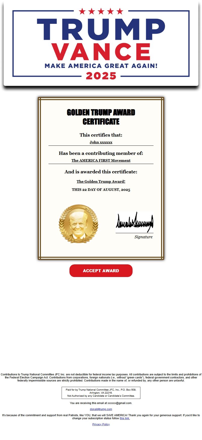 Screenshot of the email generated on import