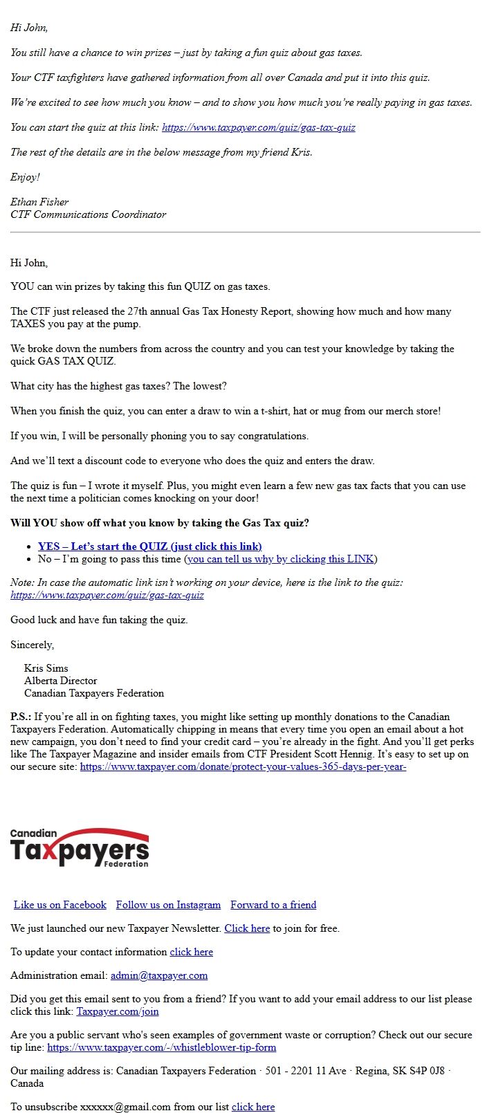 Screenshot of the email generated on import
