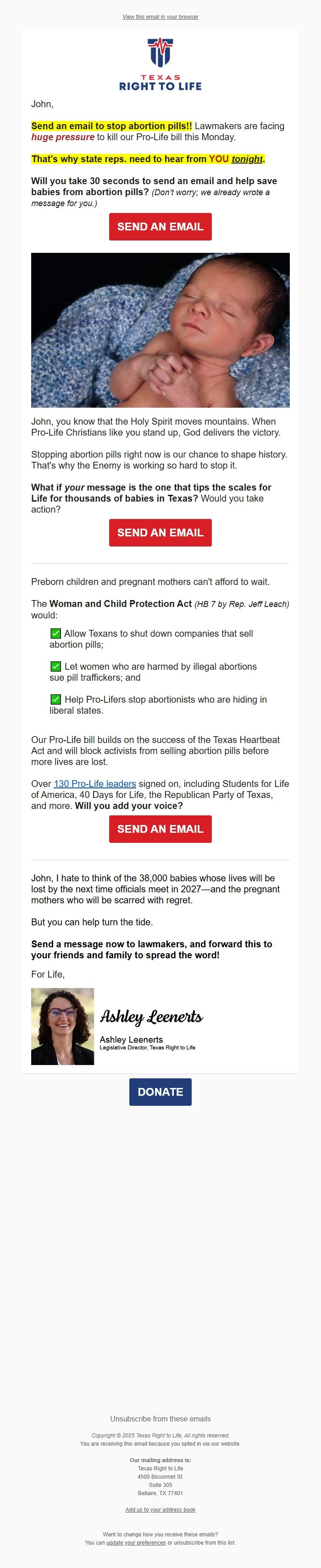 Screenshot of the email generated on import