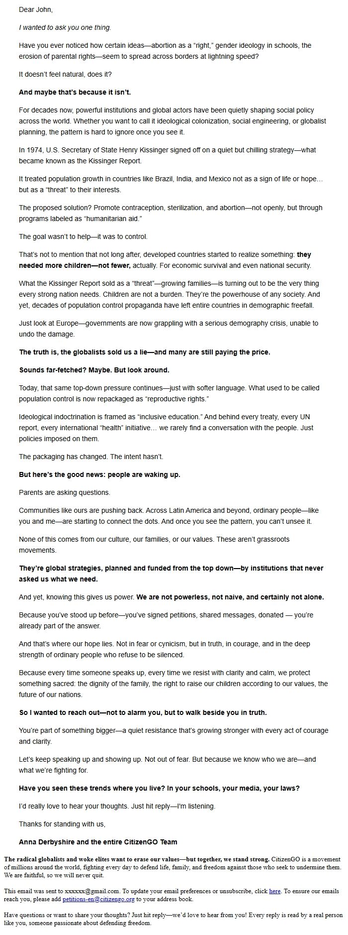 Screenshot of the email generated on import