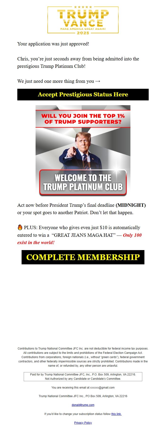 Screenshot of the email generated on import