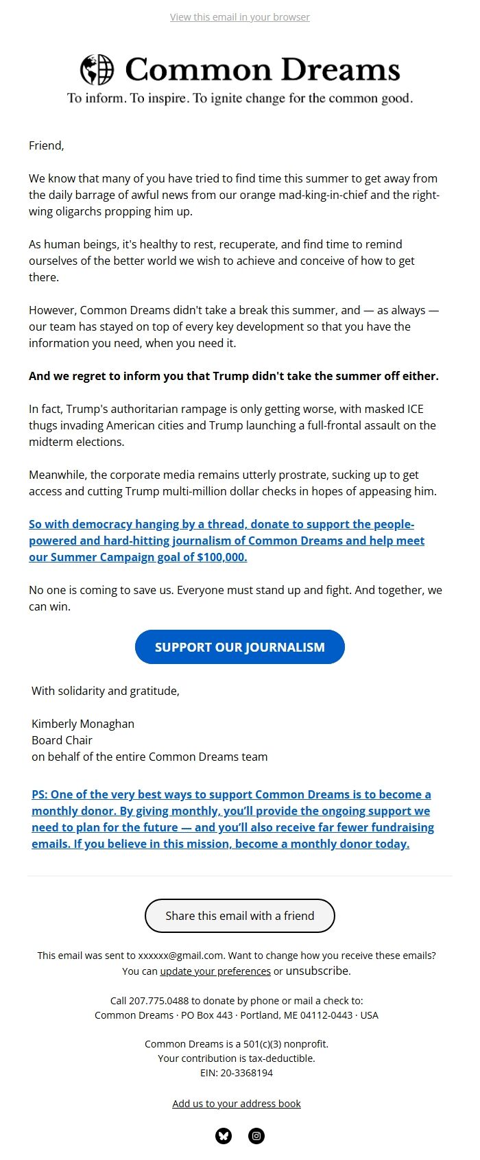 Screenshot of the email generated on import