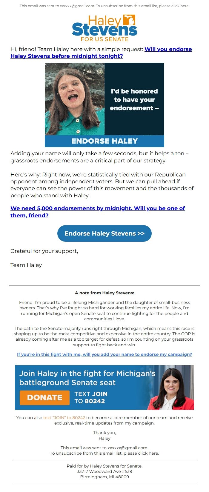 Screenshot of the email generated on import